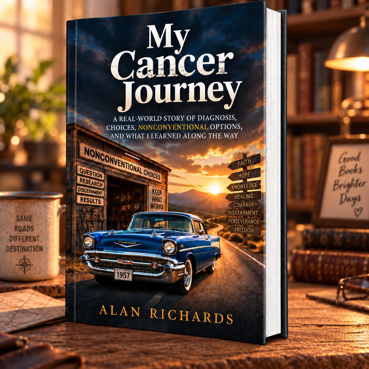 3D My Cancer Journey book featuring a blue 1957 Chevy at sunset